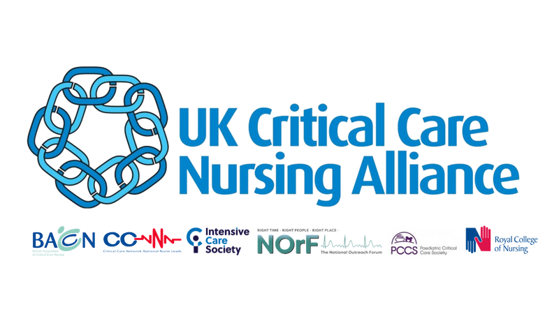 Logo for the UK Critical Care Nursing Alliance, including logos for the RCN, BACCN, CC3N, NOrF, ICS & PCCS