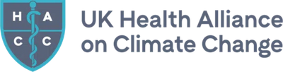 The logo for the UK Health Alliance on Climate Change, including a shield which says HACC