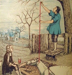 An illustration of a man watching another man insert a long glass tube into the neck of a horse