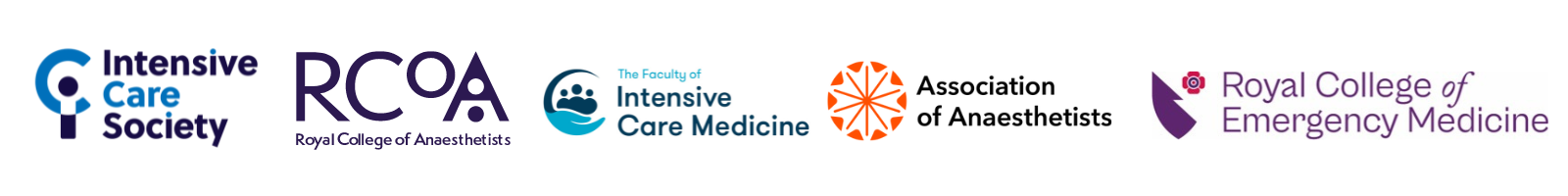 The logos for the Intensive Care Society, RCoA, FICM, Association of Anaesthetists and RCEM.