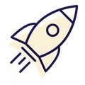 A navy icon of a rocket with a cream background