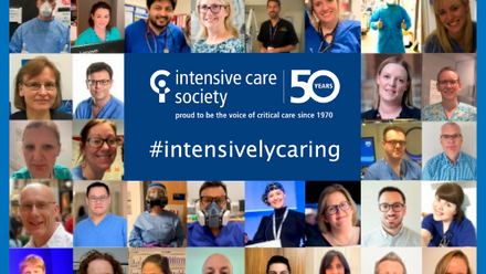 A collection of pictures of about 40 people, some in PPE and some not, with #intensivelycaring superimposed on a blue rectangle 