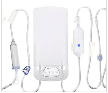 A plastic IV bag with associated tubes