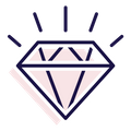 A navy icon of a diamond with a pale pink background