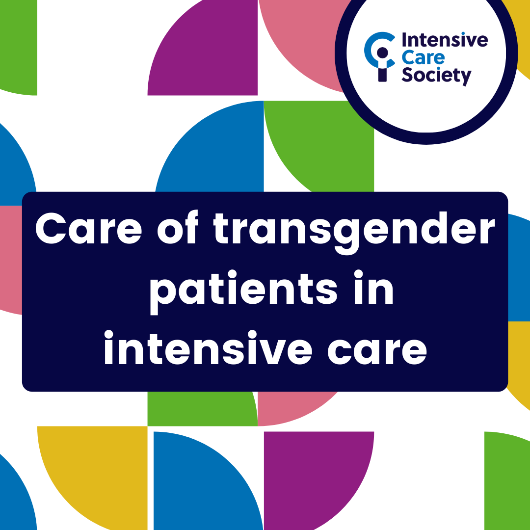 A square image with pink, purple, blue, green and yellow shapes, and a navy overlay which says "Care of transgender patients in intensive care"