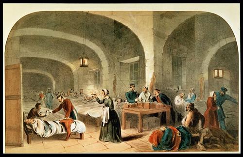 An illustration of patients being treated in a 19th century war setting